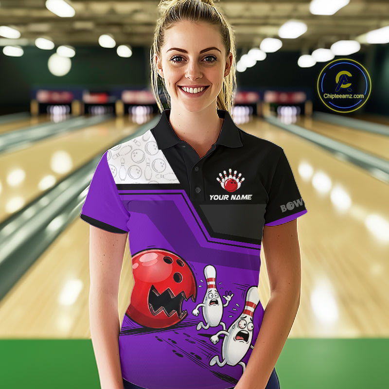 Custom Women Bowling Team Polo Shirt Purple Funny Pins Ball Design, Personalized Bowling Team Jersey NHT1562