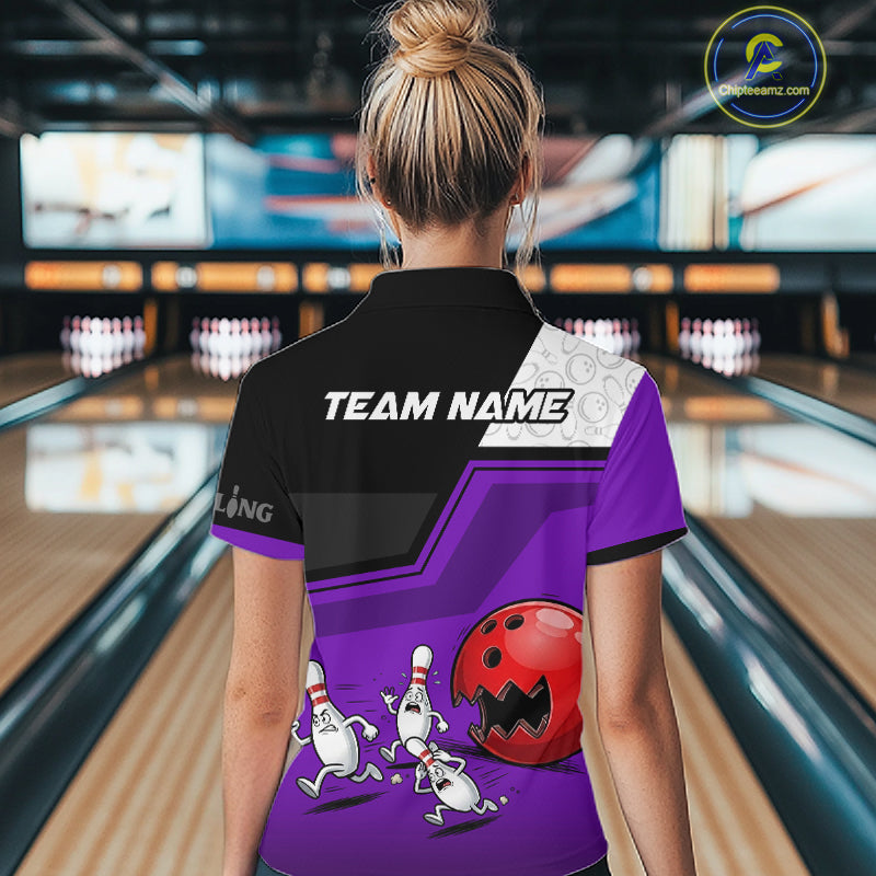 Custom Women Bowling Team Polo Shirt Purple Funny Pins Ball Design, Personalized Bowling Team Jersey NHT1562