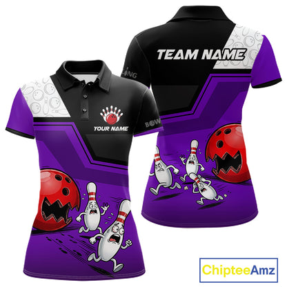 Custom Women Bowling Team Polo Shirt Purple Funny Pins Ball Design, Personalized Bowling Team Jersey NHT1562