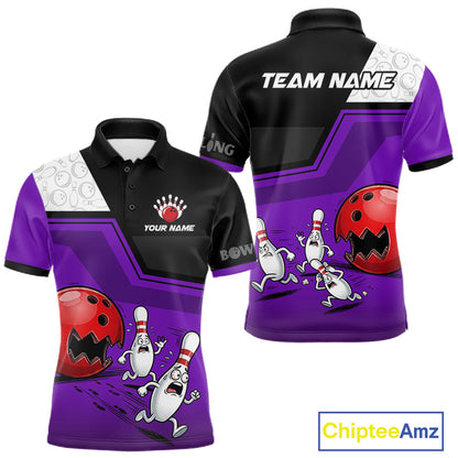 Custom Men Bowling Team Polo Shirt Purple Funny Pins Ball Design, Personalized Bowling Team Jersey NHT1562