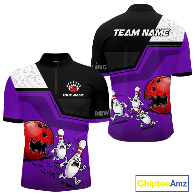 Custom Men Bowling Team Polo Shirt Purple Funny Pins Ball Design, Personalized Bowling Team Jersey NHT1562