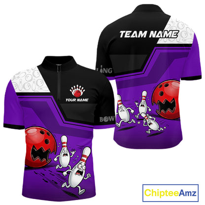 Custom Men Bowling Team Polo Shirt Purple Funny Pins Ball Design, Personalized Bowling Team Jersey NHT1562