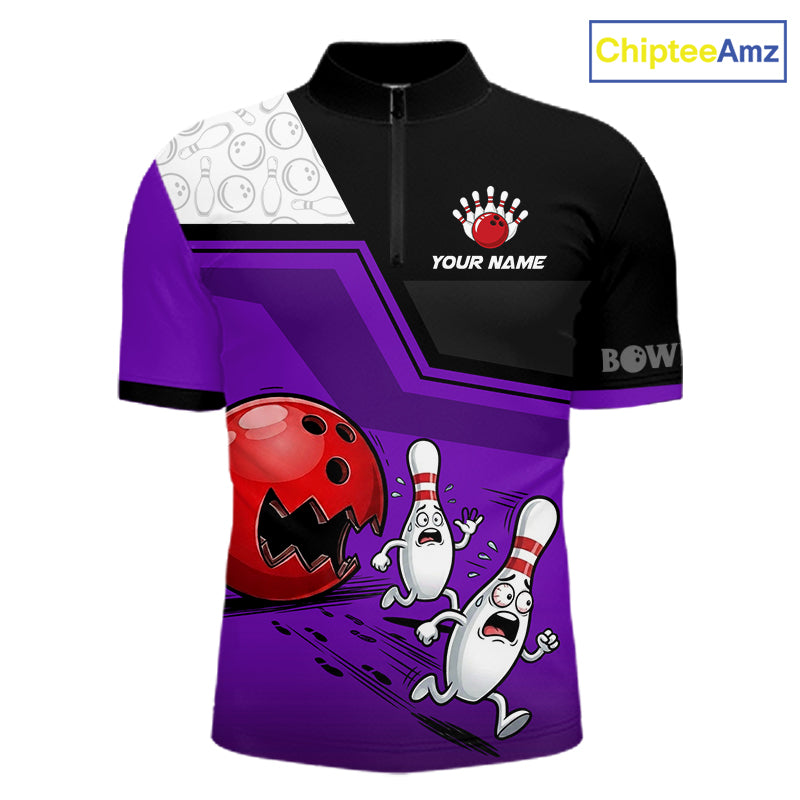 Custom Men Bowling Team Polo Shirt Purple Funny Pins Ball Design, Personalized Bowling Team Jersey NHT1562