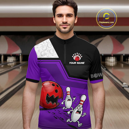 Custom Men Bowling Team Polo Shirt Purple Funny Pins Ball Design, Personalized Bowling Team Jersey NHT1562