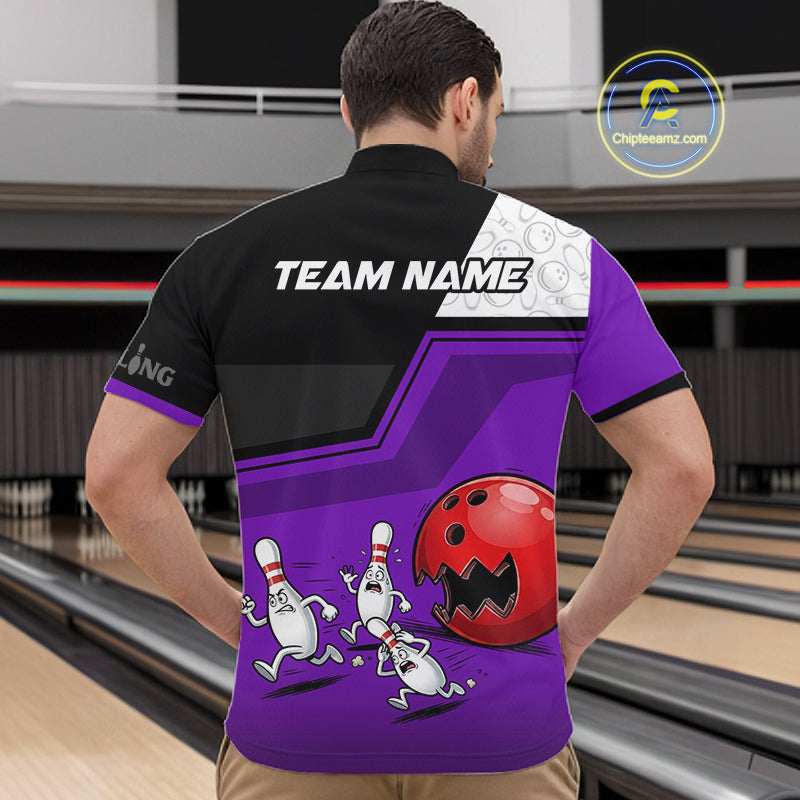 Custom Men Bowling Team Polo Shirt Purple Funny Pins Ball Design, Personalized Bowling Team Jersey NHT1562