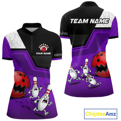 Custom Women Bowling Team Polo Shirt Purple Funny Pins Ball Design, Personalized Bowling Team Jersey NHT1562