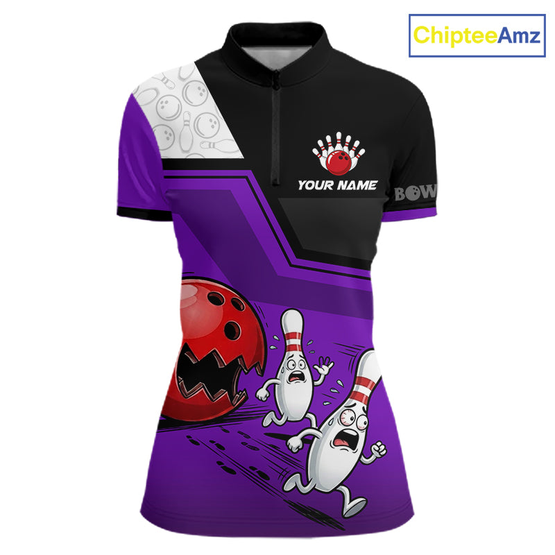 Custom Women Bowling Team Polo Shirt Purple Funny Pins Ball Design, Personalized Bowling Team Jersey NHT1562