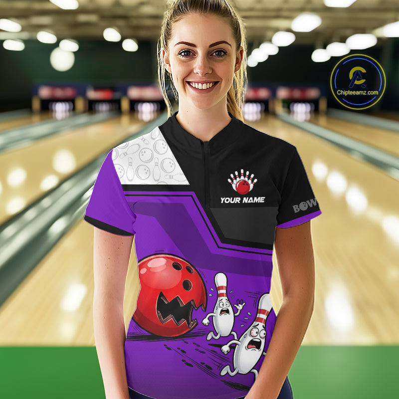 Custom Women Bowling Team Polo Shirt Purple Funny Pins Ball Design, Personalized Bowling Team Jersey NHT1562