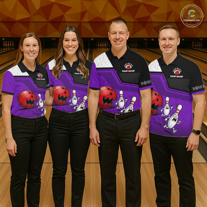 Custom Women Bowling Team Polo Shirt Purple Funny Pins Ball Design, Personalized Bowling Team Jersey NHT1562