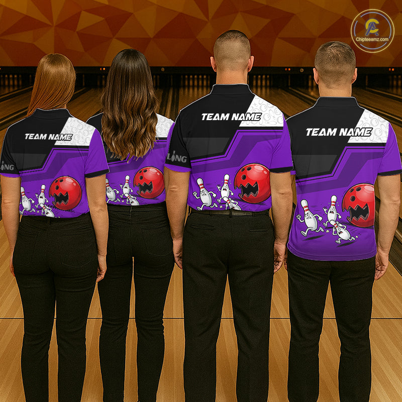 Custom Women Bowling Team Polo Shirt Purple Funny Pins Ball Design, Personalized Bowling Team Jersey NHT1562