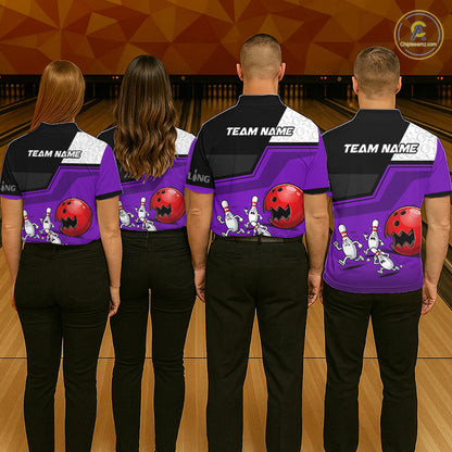 Custom Women Bowling Team Polo Shirt Purple Funny Pins Ball Design, Personalized Bowling Team Jersey NHT1562