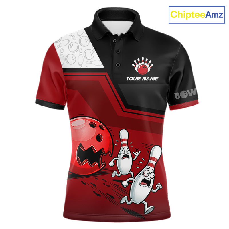 Custom Men Bowling Team Polo Shirt Red Funny Pins Ball Design, Personalized Bowling Team Jersey NHT1563
