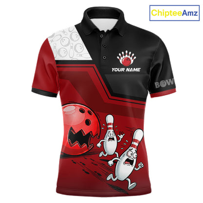 Custom Men Bowling Team Polo Shirt Red Funny Pins Ball Design, Personalized Bowling Team Jersey NHT1563