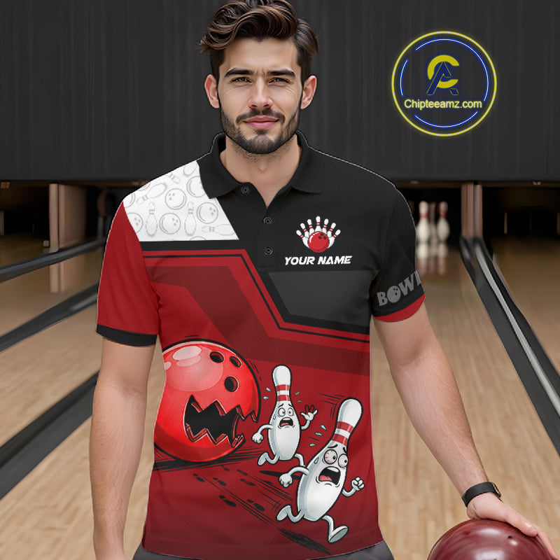 Custom Men Bowling Team Polo Shirt Red Funny Pins Ball Design, Personalized Bowling Team Jersey NHT1563