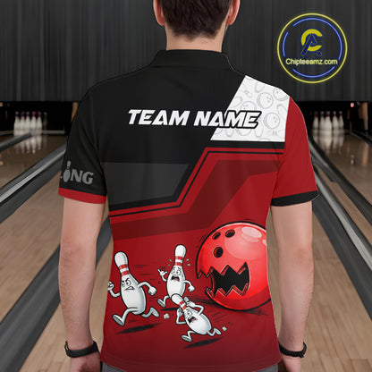 Custom Men Bowling Team Polo Shirt Red Funny Pins Ball Design, Personalized Bowling Team Jersey NHT1563