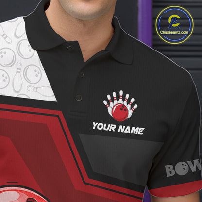 Custom Men Bowling Team Polo Shirt Red Funny Pins Ball Design, Personalized Bowling Team Jersey NHT1563