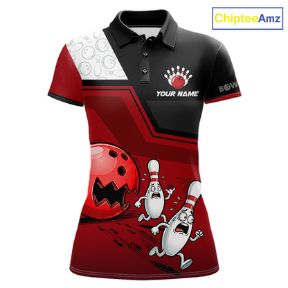 Custom Women Bowling Team Polo Shirt Red Funny Pins Ball Design, Personalized Bowling Team Jersey NHT1563