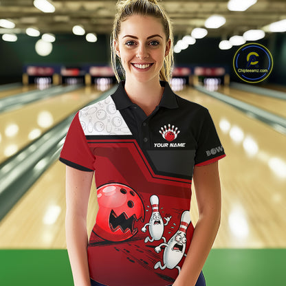 Custom Women Bowling Team Polo Shirt Red Funny Pins Ball Design, Personalized Bowling Team Jersey NHT1563