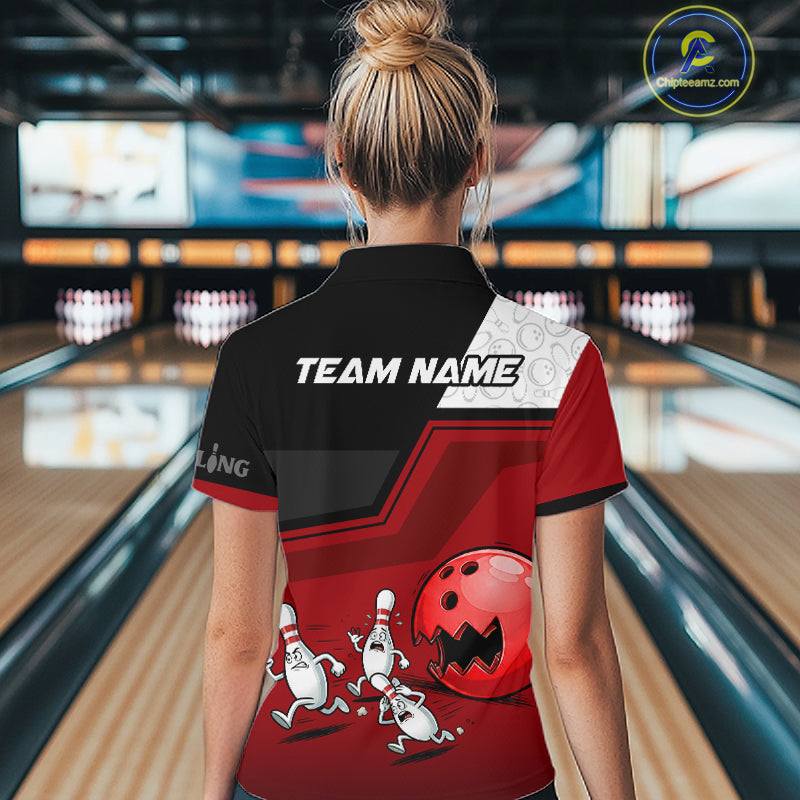 Custom Women Bowling Team Polo Shirt Red Funny Pins Ball Design, Personalized Bowling Team Jersey NHT1563