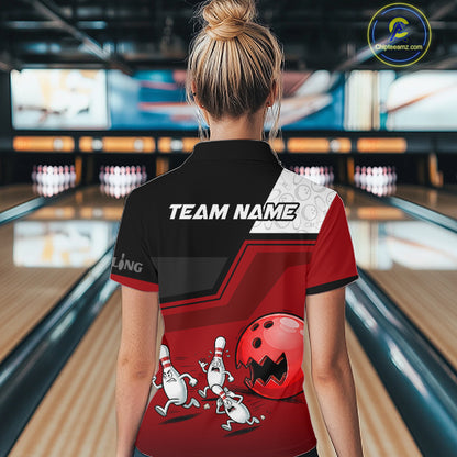 Custom Women Bowling Team Polo Shirt Red Funny Pins Ball Design, Personalized Bowling Team Jersey NHT1563