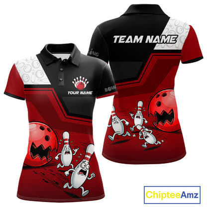 Custom Women Bowling Team Polo Shirt Red Funny Pins Ball Design, Personalized Bowling Team Jersey NHT1563
