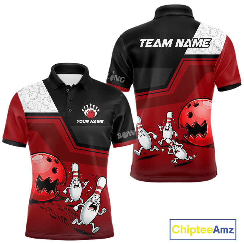 Custom Men Bowling Team Polo Shirt Red Funny Pins Ball Design, Personalized Bowling Team Jersey NHT1563