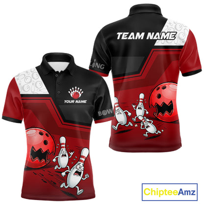Custom Men Bowling Team Polo Shirt Red Funny Pins Ball Design, Personalized Bowling Team Jersey NHT1563