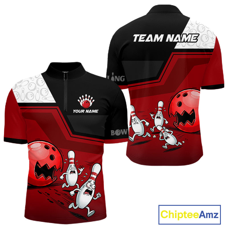 Custom Men Bowling Team Polo Shirt Red Funny Pins Ball Design, Personalized Bowling Team Jersey NHT1563