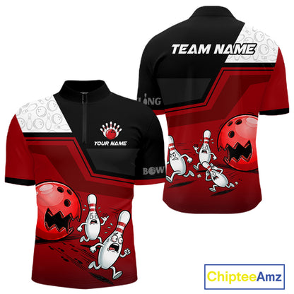 Custom Men Bowling Team Polo Shirt Red Funny Pins Ball Design, Personalized Bowling Team Jersey NHT1563