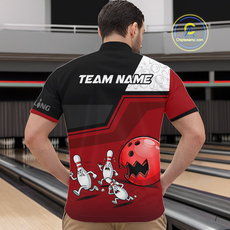 Custom Men Bowling Team Polo Shirt Red Funny Pins Ball Design, Personalized Bowling Team Jersey NHT1563