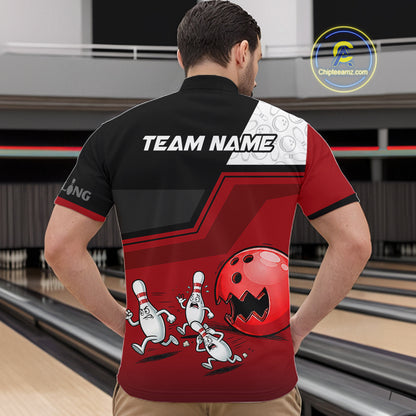 Custom Men Bowling Team Polo Shirt Red Funny Pins Ball Design, Personalized Bowling Team Jersey NHT1563