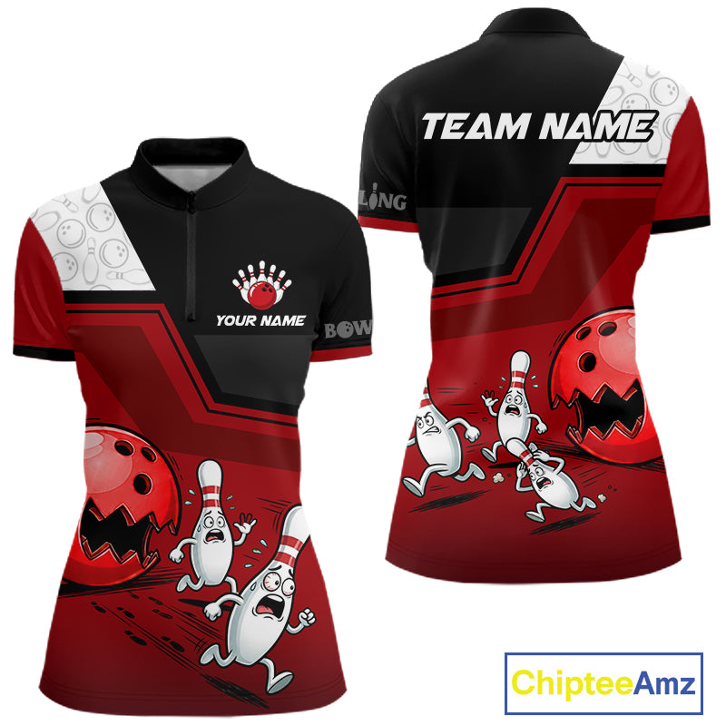 Custom Women Bowling Team Polo Shirt Red Funny Pins Ball Design, Personalized Bowling Team Jersey NHT1563