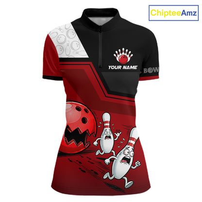 Custom Women Bowling Team Polo Shirt Red Funny Pins Ball Design, Personalized Bowling Team Jersey NHT1563