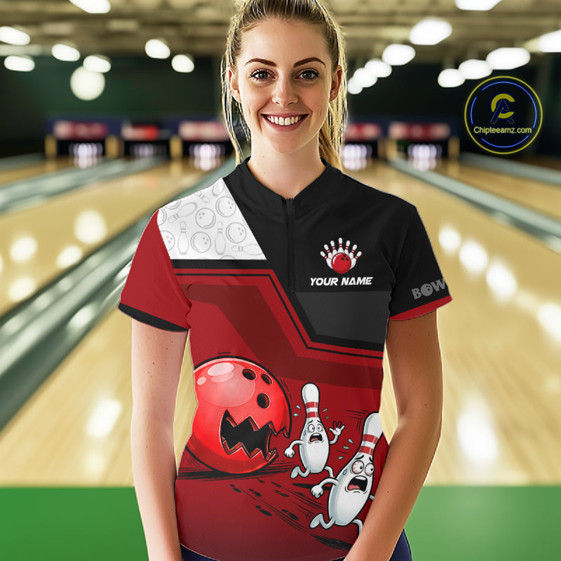 Custom Women Bowling Team Polo Shirt Red Funny Pins Ball Design, Personalized Bowling Team Jersey NHT1563