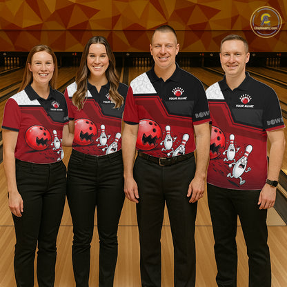 Custom Men Bowling Team Polo Shirt Red Funny Pins Ball Design, Personalized Bowling Team Jersey NHT1563