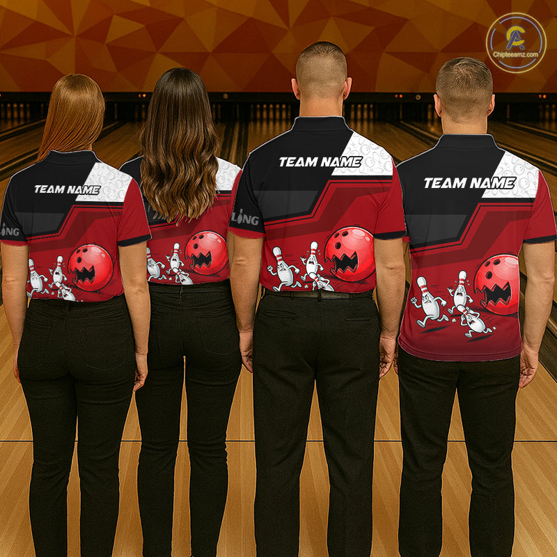 Custom Women Bowling Team Polo Shirt Red Funny Pins Ball Design, Personalized Bowling Team Jersey NHT1563