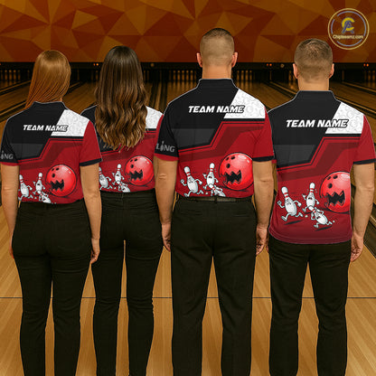 Custom Women Bowling Team Polo Shirt Red Funny Pins Ball Design, Personalized Bowling Team Jersey NHT1563