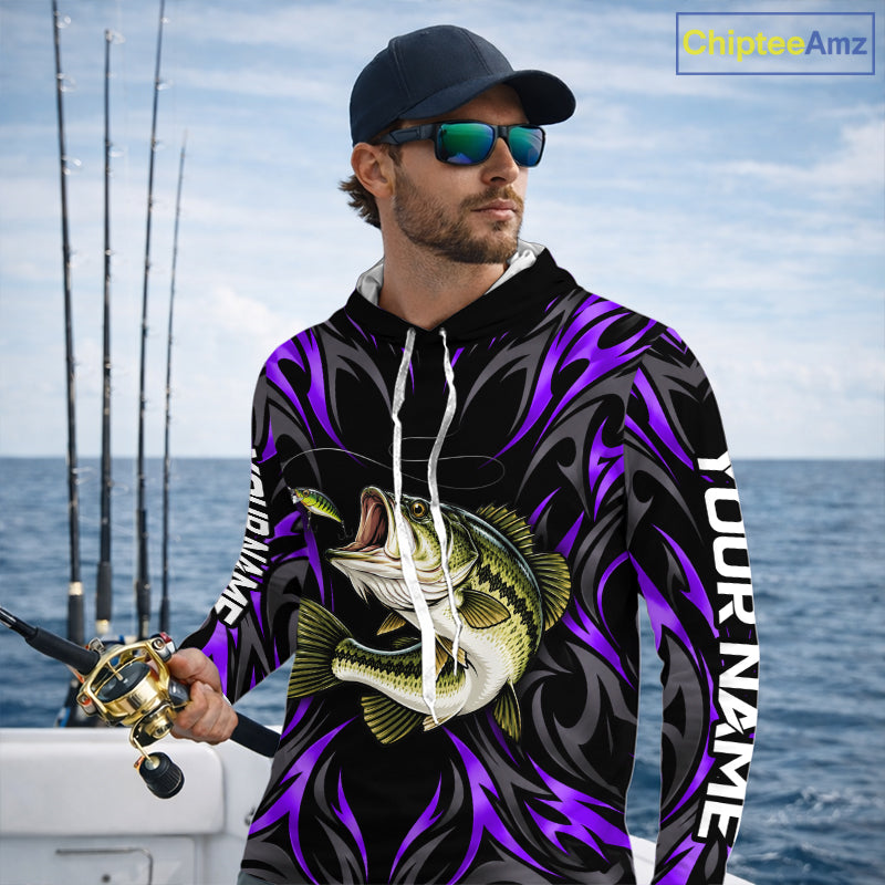 Purple Neon Bass Fish Hooded Fishing Shirt Custom Outdoor Sports Angler Long Sleeve Performance Jersey NHT1738