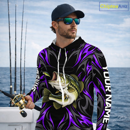 Purple Neon Bass Fish Hooded Fishing Shirt Custom Outdoor Sports Angler Long Sleeve Performance Jersey NHT1738
