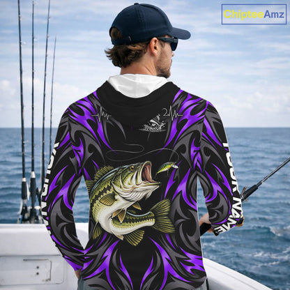Purple Neon Bass Fish Hooded Fishing Shirt Custom Outdoor Sports Angler Long Sleeve Performance Jersey NHT1738