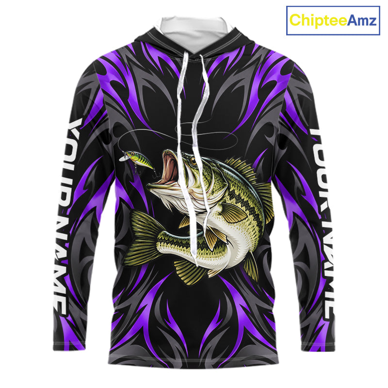 Purple Neon Bass Fish Hooded Fishing Shirt Custom Outdoor Sports Angler Long Sleeve Performance Jersey NHT1738