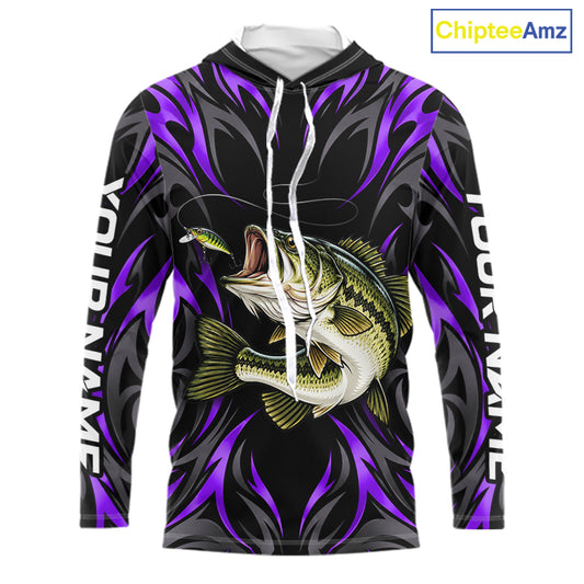 Purple Neon Bass Fish Hooded Fishing Shirt Custom Outdoor Sports Angler Long Sleeve Performance Jersey NHT1738