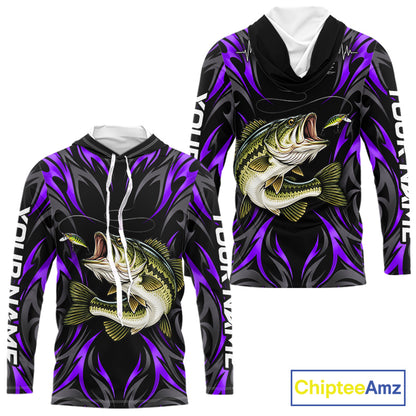 Purple Neon Bass Fish Hooded Fishing Shirt Custom Outdoor Sports Angler Long Sleeve Performance Jersey NHT1738