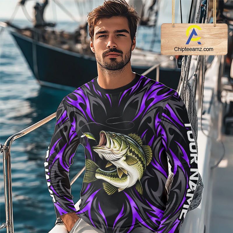 Purple Neon Bass Fish Fishing Shirt Custom Outdoor Sports Angler Long Sleeve Performance Jersey NHT1738