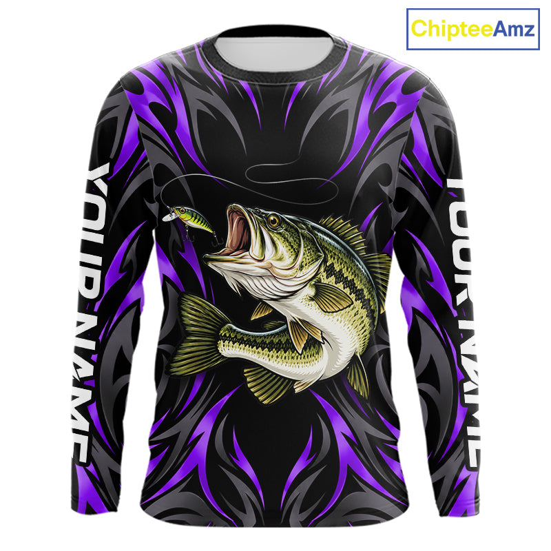 Purple Neon Bass Fish Fishing Shirt Custom Outdoor Sports Angler Long Sleeve Performance Jersey NHT1738