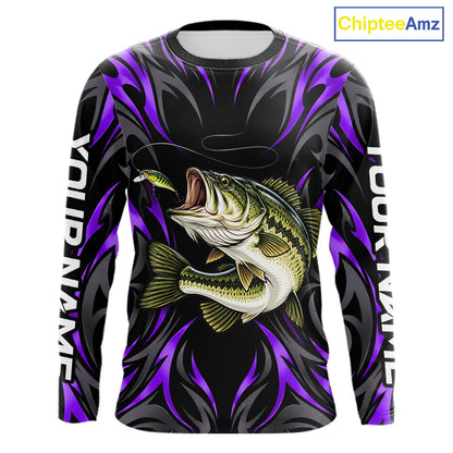 Purple Neon Bass Fish Fishing Shirt Custom Outdoor Sports Angler Long Sleeve Performance Jersey NHT1738
