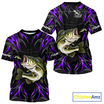 Purple Neon Bass Fish Fishing Shirt Custom Outdoor Sports Angler Short Sleeve Performance Jersey NHT1738