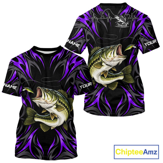 Purple Neon Bass Fish Fishing Shirt Custom Outdoor Sports Angler Short Sleeve Performance Jersey NHT1738