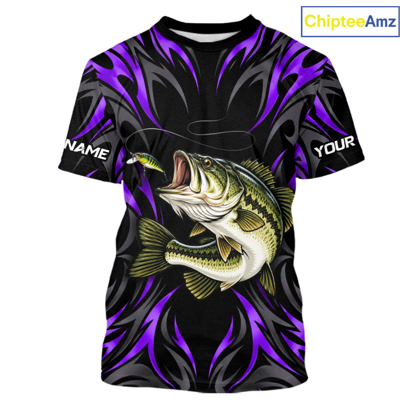 Purple Neon Bass Fish Fishing Shirt Custom Outdoor Sports Angler Short Sleeve Performance Jersey NHT1738