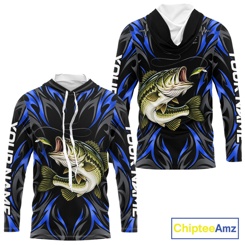 Blue Neon Bass Fish Hooded Fishing Shirt Custom Outdoor Sports Angler Long Sleeve Performance Jersey NHT1739